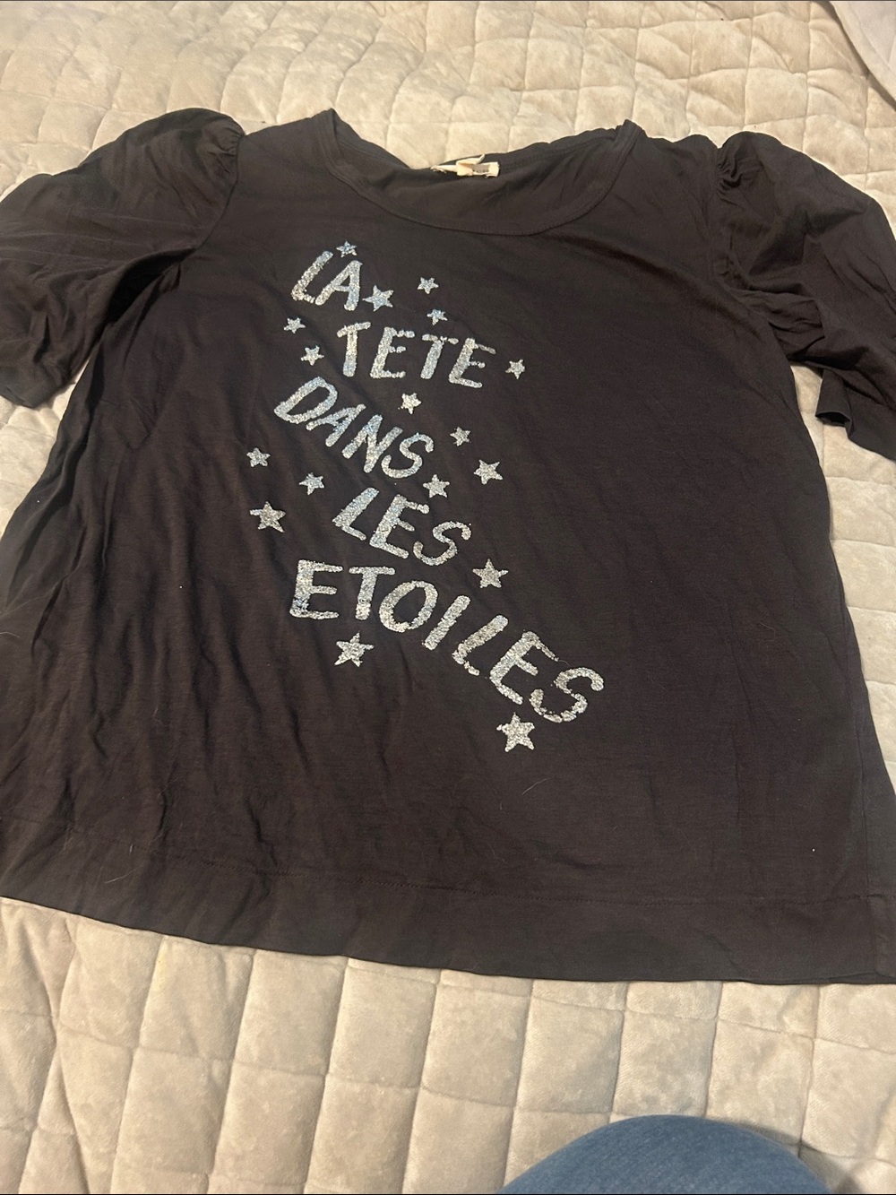 Rebecca Taylor Black Short Sleeve Tee with Silver Star Script
